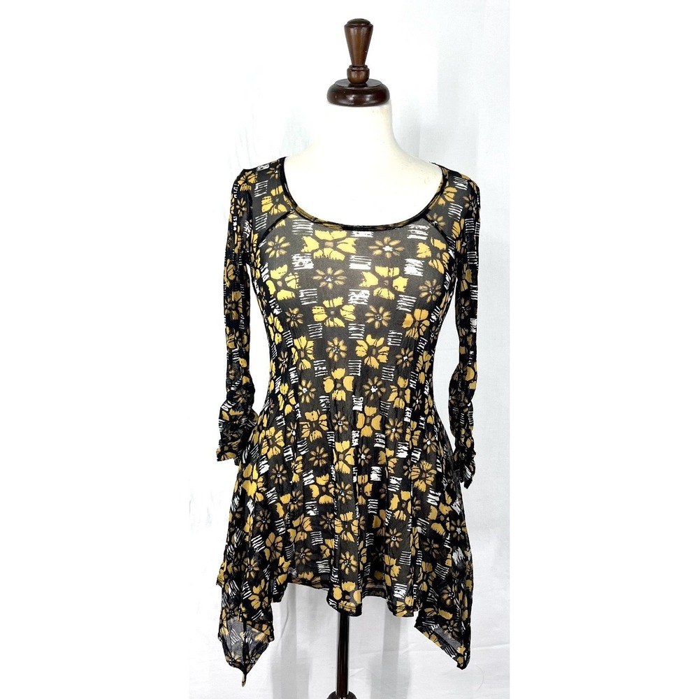 Karen Kane Women Mesh Floral Ruched Tunic Top Black Yellow Sharkbite USA Made S